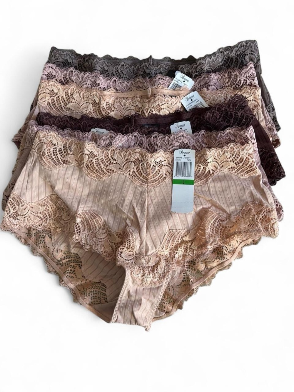 Paramour Lace-Trim Stretch Briefs in Blush, Mauve & Chocolate